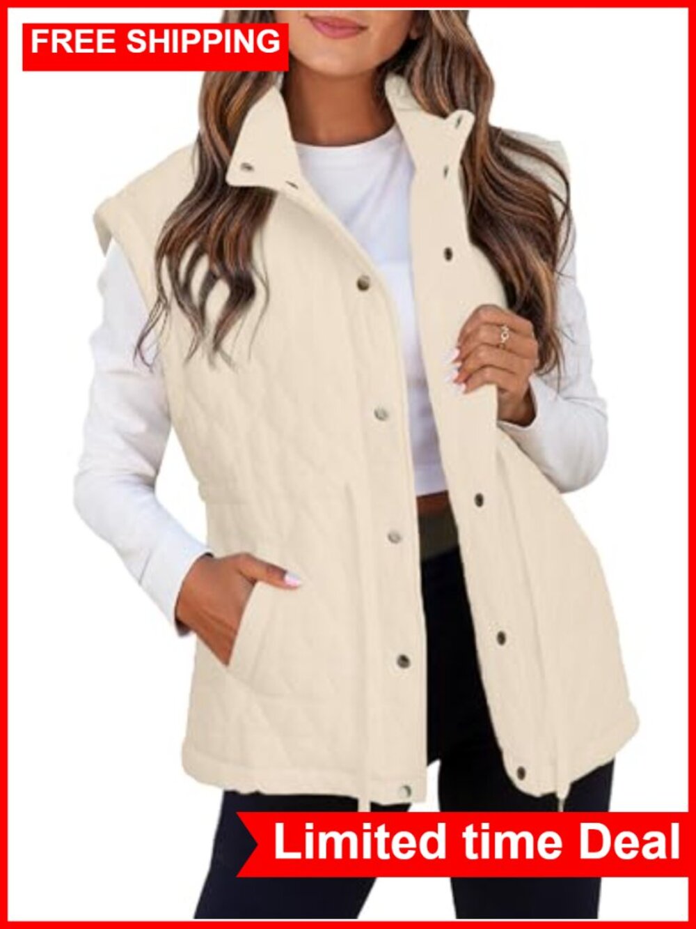 Lightweight Quilted Puffer Vest Sleeveless Snap Button Drawstring Waist Women's